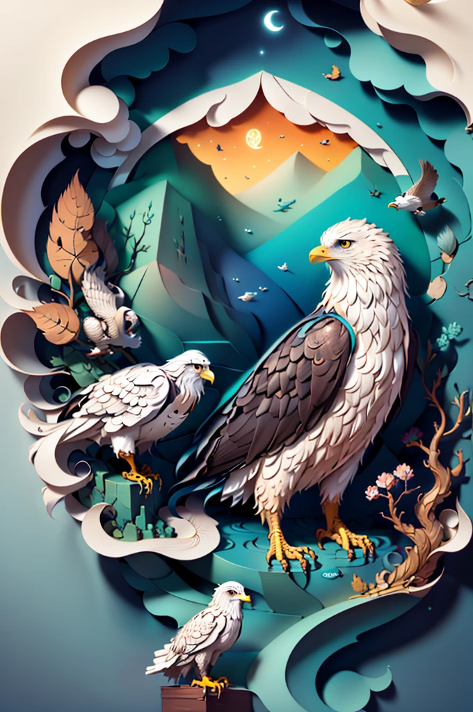 (((work of art))), eagle resting on a rock, surrounded by water from a stream, best qualityer,illustration,beautiful detailed shine, paper_cut-in, owlship, Tree,moonligh,