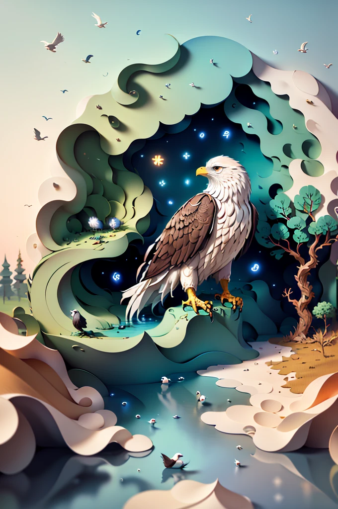 (((work of art))), eagle resting on a rock, surrounded by water from a stream, best qualityer,illustration,beautiful detailed shine, paper_cut-in, owlship, Tree,moonligh,