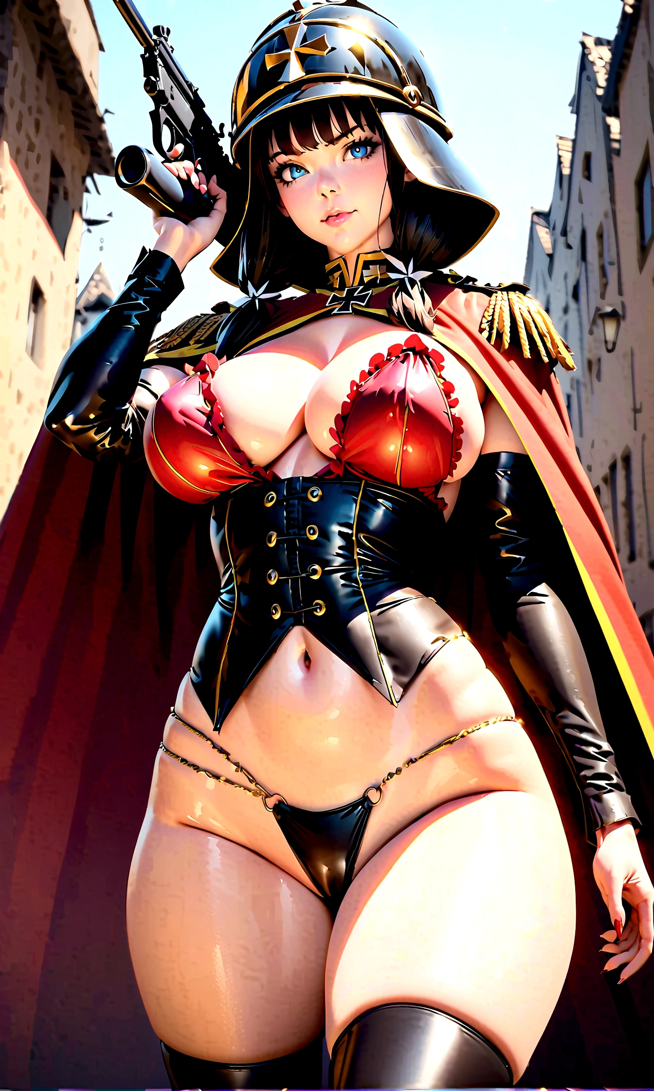 busty bimbo german ss soldier, (model), lace detailing, classy, sophisticated, dangerous, ((wermacht)), iron cross emblem, (((german))), (fit), (german facial features), mostly naked, (german body shape), glossy eyes, ((((beautiful)))), looking straight, sexy, (serious expression), stoic, ((european)), ((hyper sexualized)), raunchy, hourglass body, ((sexy)), (((from behind))), (over the shoulder), holding a maschinengewehr gun, ((perfect)), (feminine), walking dramatically, hip sway, gold belly chain, german frilly micro leather corset, german frilly leather thigh highs, german frilly leather sleeves, german frilly leather breast curtain, german frilly high rise leather thong, micro leather billowing cape, german helmet, voluptuous round juicy breasts, voluptuous strong ass, strong thighs, sexy hips, hip cleavage, full shapely body, curvy, ornate german jewelry, vibrant aura, smooth shiny skin, (sexy lighting), german background, smooth clean lines, ultra textured, highest resolution, maximum quality, max detail, vivid colors, max texture, energetic composition, dramatic lighting, crystal clear, depth perspective, high contrast, seamlessly blended, photorealistic, chromatic aberration, subpixel precision, bokeh effect depth art, anamorphic perspective, hdr high dynamic range, spectral color graded, photometric lighting, motion lines