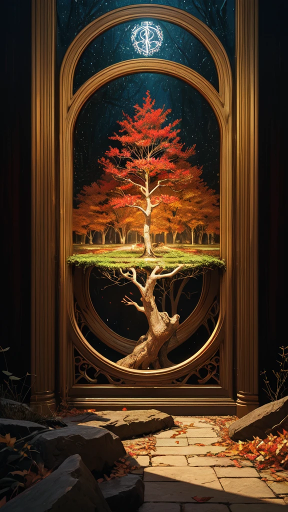 circular tree,four seasons,spring,summer,autumn,winter,leaves,roots,branches,trunk,ornate border,decorative,digital illustration,artwork,movement,time,swirling background,dark background,vibrant colors,natural,life cycle,growth,change,nature,life,peace,harmony,spirituality,symbolism,digital art,illustration,painting,graphic design,art,design,digital media,online art,visual art,fine art,fantasy