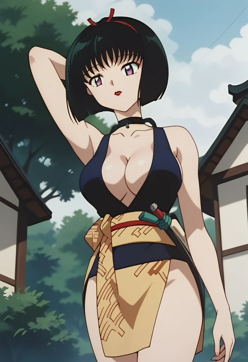 score_9, score_8_up, score_7_up, source_anime, best quality, masterpiece, rating_explicit, uncensored, anime screencap, megami magazine, BREAK, SAKASAGAMINOYURA, 1GIRL, large breasts, cleavage, BLACK HAIR, HAIR BAND, BOB_CUT, PURPLE EYES, CHOKER, SLEEVELESS, SHORT KIMONO, red lip, outdoors