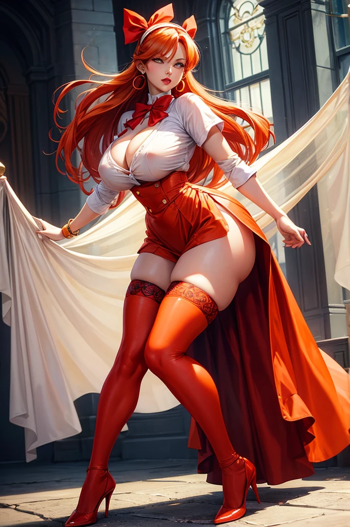piperBS_mariposa, orange hair, long hair, earrings, hair bow, realistic face, red lips, big breasts, big thighs, big ass, red headband, thigh strap, high heels, showing pussy, standing, one character, white shirt , shirt open on the breasts, may clothes