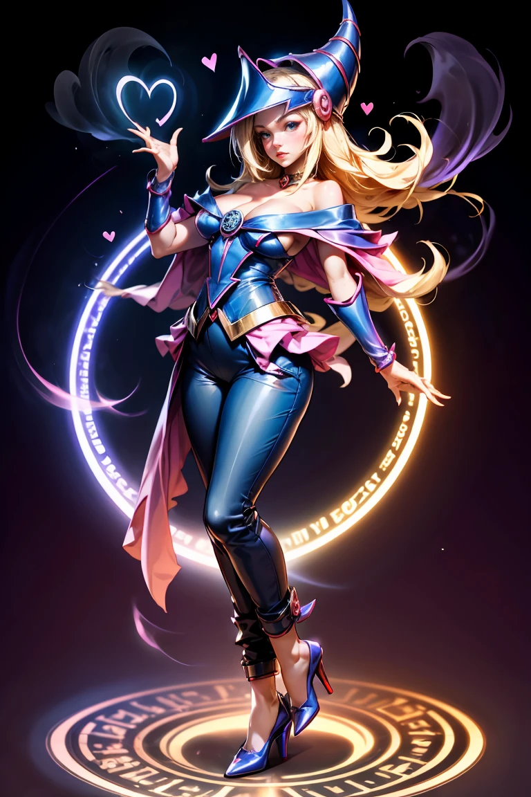 dark magician gils, with high-heels. pants, sexy, Subjective and sensual pose. magic background. Magical heart in the air. magic circle