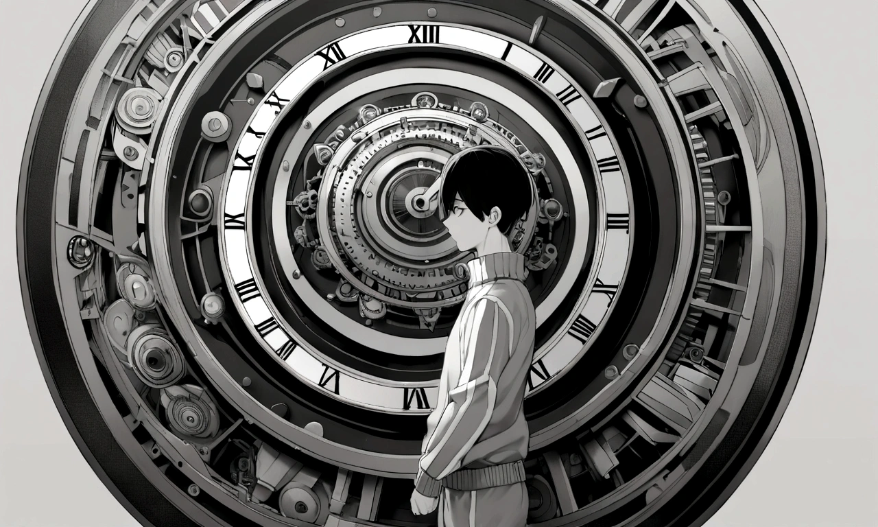 black and white drawing, giant clockwork background, human, 26 year old male, black neat hair, a lonely face, wearing gray tracksuit, put one's foot on the clock hand.