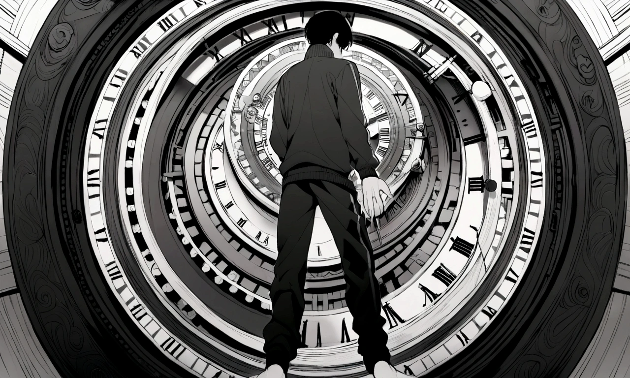 black and white drawing, giant clockwork background, human, 26 year old male, black neat hair, a lonely face, wearing gray tracksuit, put one's foot on the clock hand.