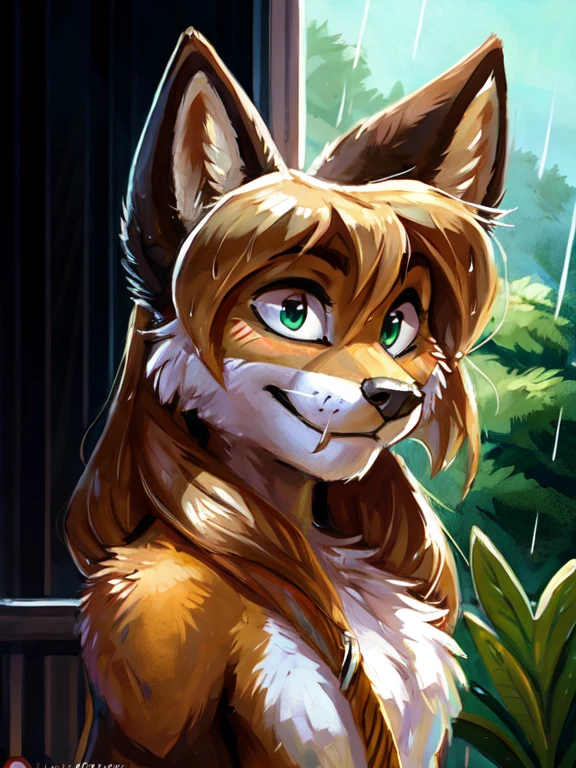 averi, fox girl, flat chest, chest fur, yard, day, rain, raining, sexy, sensual, detailed, uploaded to e621, beautiful and detailed portrait of a (((female))) anthropomorphic vixen, kenket, Ross Tran, ruan jia, uploaded to e621, zaush, foxovh, cinema lighting, back, looking at camera, front camera, suggestive pose, wet body, wet hair