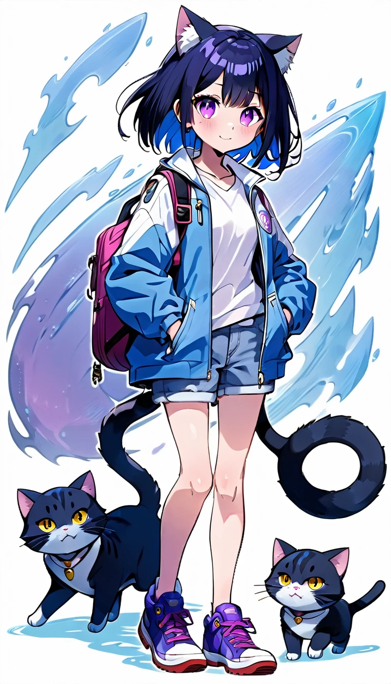 a  girl, 4ft9 in Hight, open blue jacket, white shirt, short jeans, black hair, brown work shoes, ,purple eyes,fang, ,cat ears, ,cat tail, character design, purple and blue halos, blue Archive character,