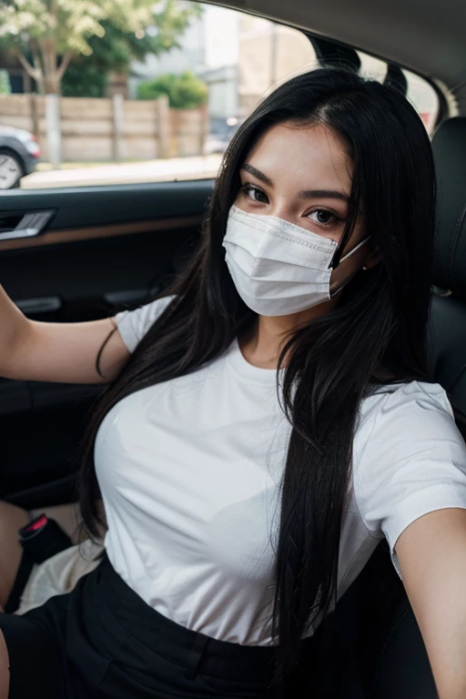 Sexy girl with long black hair taking a selfie with black mask and white shirt driving in a car