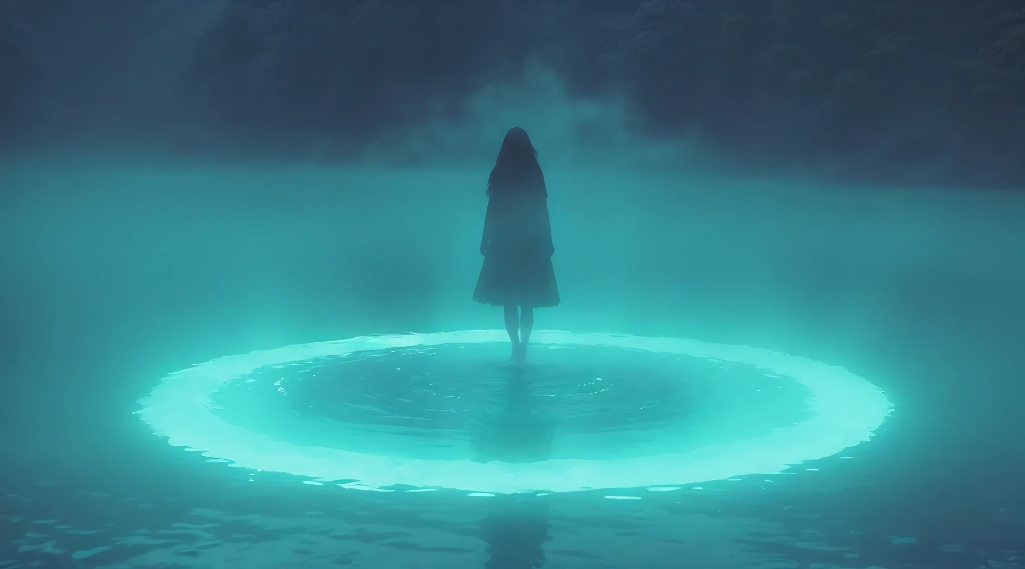 still lake and fog. Woman flying on top of the water. A round illuminated white glass lens under deep the water. Real photograph. Photorealism, dystopic mood, real