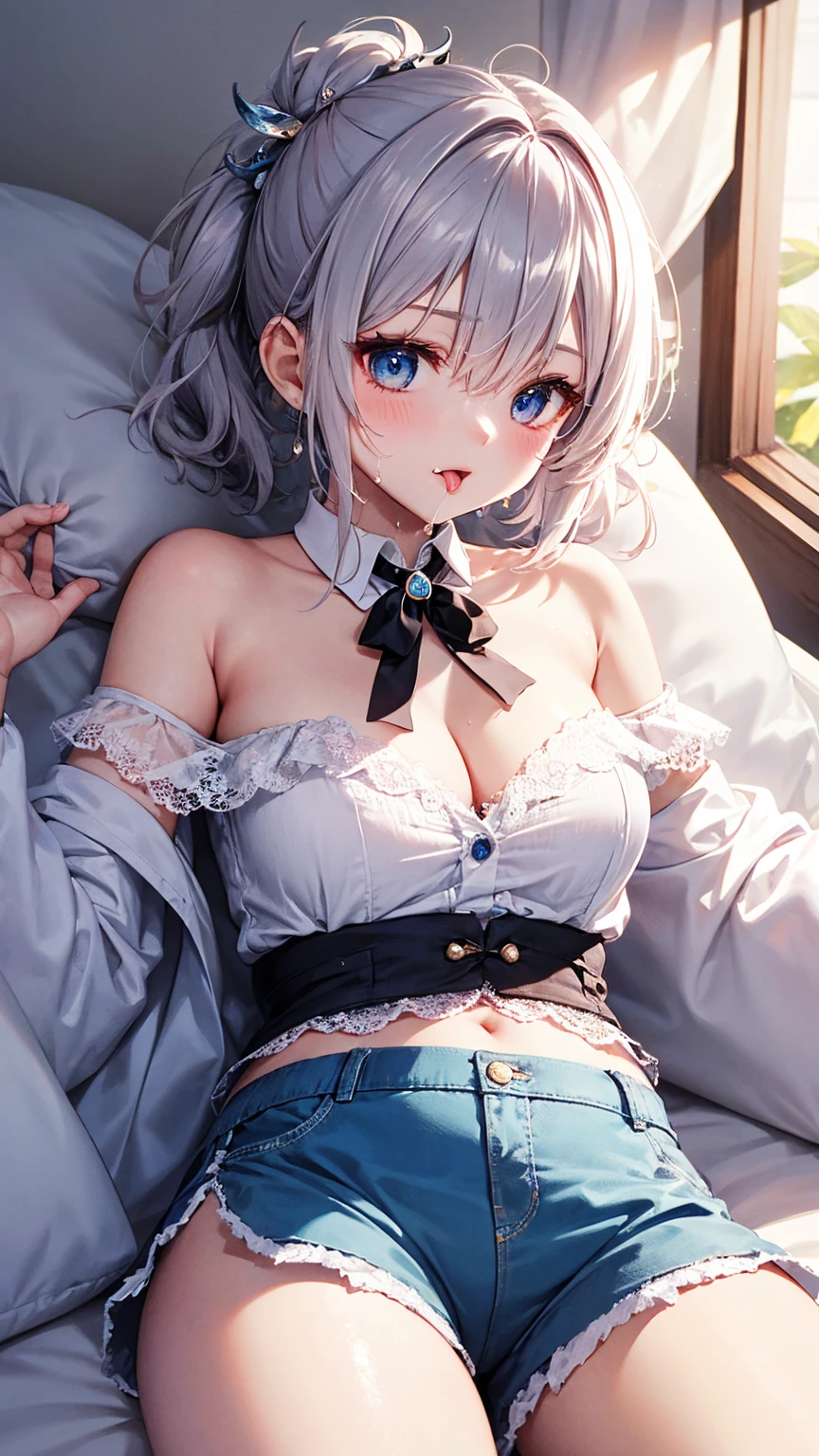 Super detailed、Particles of light:0.5、Off the shoulder、Beautiful cleavage、Sleeping lying on your back in bed、Beautiful Blue Eyeouth half open、Natural Texture、Lace shorts、Sticking out tongue、Dripping cloudy saliva、wet body with milk