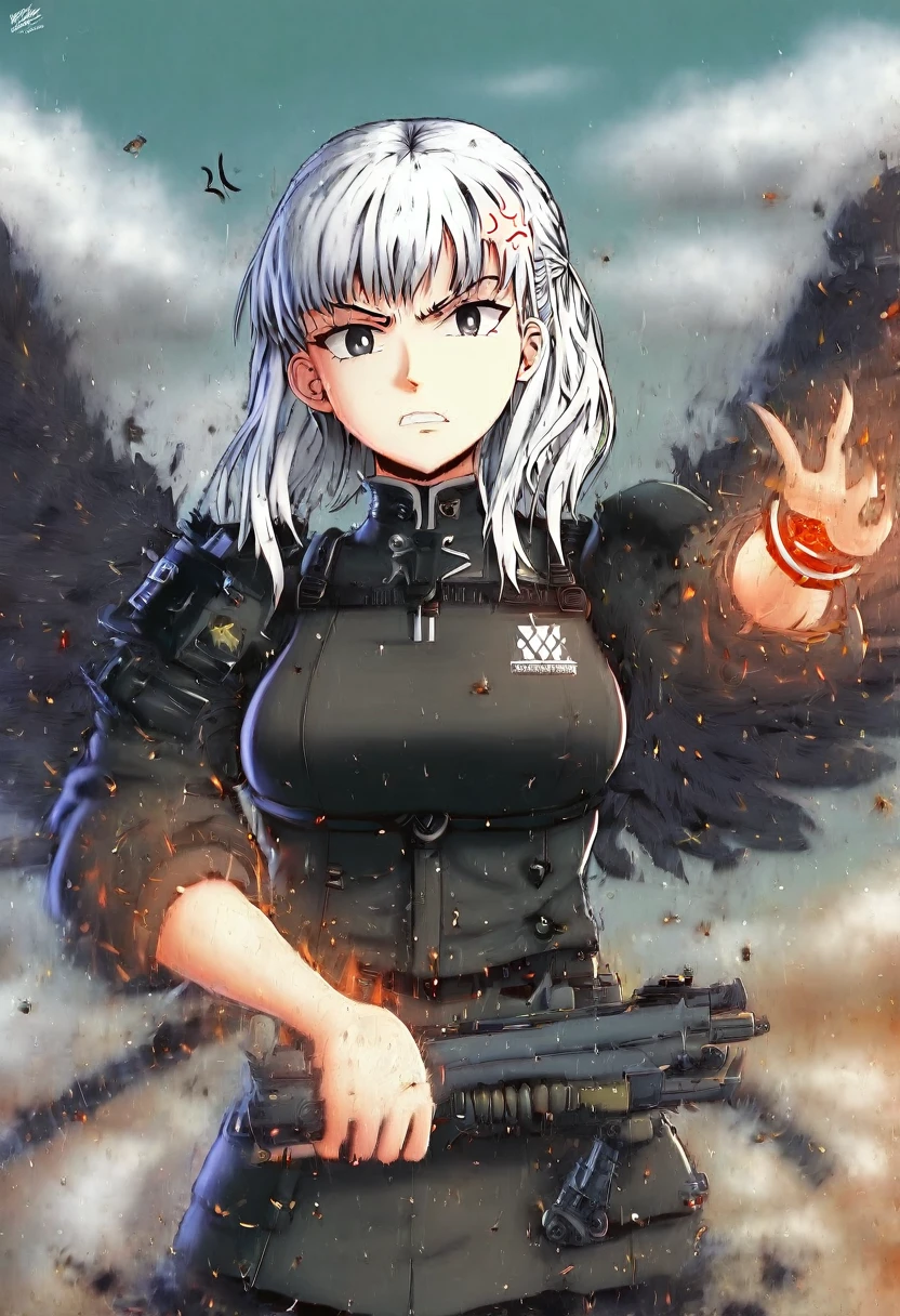1girl, solo, anime, anime girl,((masterpiece)), HDR, 8k, photogenic, trending on artstation, ((ultra-detailed)), ((best quality)), ((intricate details)), white hair, black wings, from arknights, middle shot of a female anime hero, artgerm and atey ghailan, arknights, in combat, dynamic, dynamic pose, dynamic composition, attack, fate grand order, anime style like fate/stay night, senti, black eyes, white hair, poinytail, mature, (anger, tsurime:1.33), cursed armor, high tech armor, black armor, stealthtech ,scifi ,cutting edge , sleek angular, flames, destruction, world on fire, apocalyptic mass destruction