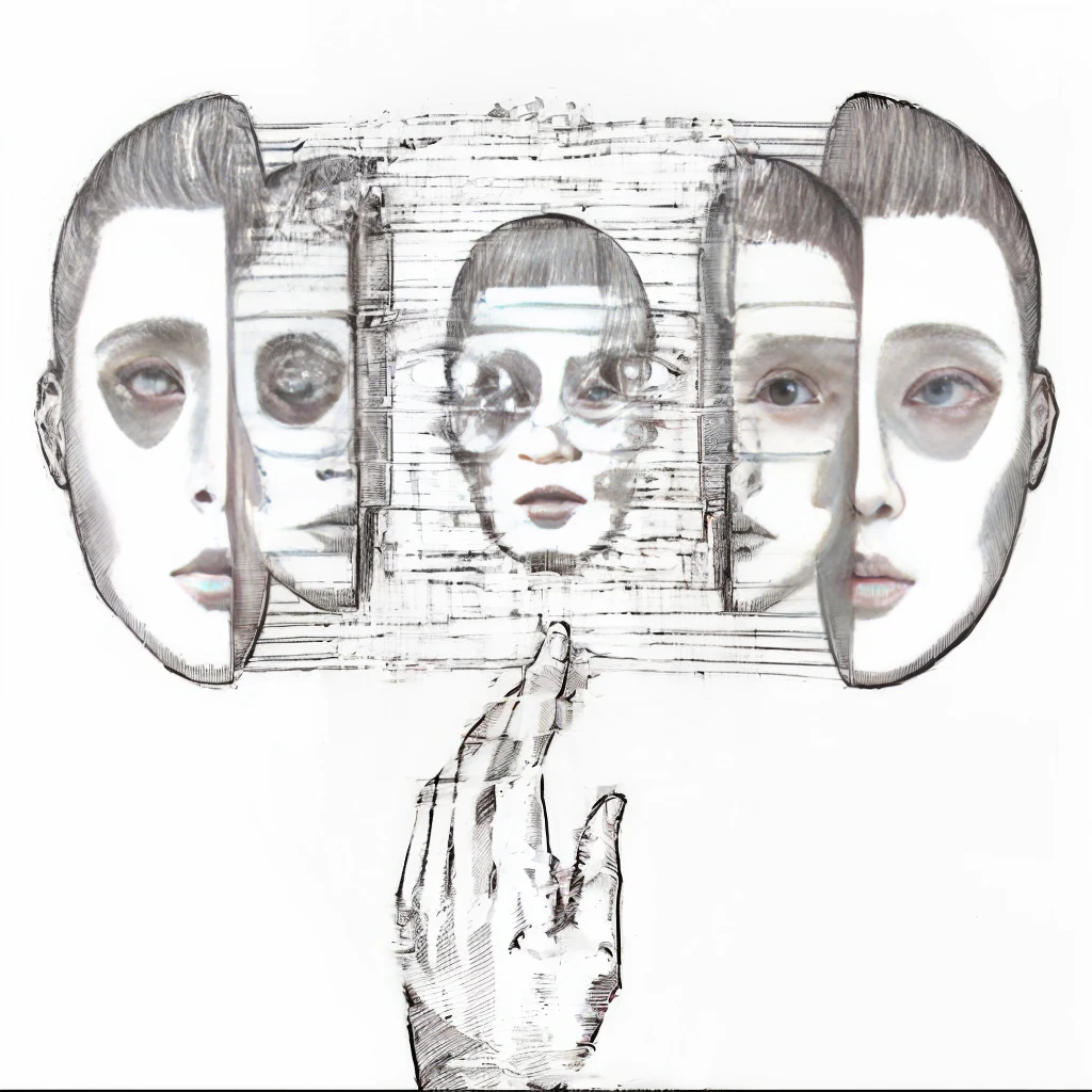 a drawing of a hand touching a drawing of a face, with multiple eyes, symmetrical portrait science fiction, be transparent holographic, multiple eyes, sketch of a lucid dream, Symmetrical illustration of faces, symmetrical face concept art, multiple perspectives, surreal drawing, multiple faces, by Junji Ito, cyber faces, many eyes in the head