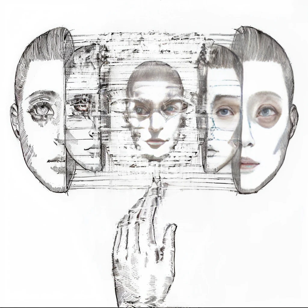 a drawing of a hand touching a drawing of a face, with multiple eyes, symmetrical portrait science fiction, be transparent holographic, multiple eyes, sketch of a lucid dream, Symmetrical illustration of faces, symmetrical face concept art, multiple perspectives, surreal drawing, multiple faces, by Junji Ito, cyber faces, many eyes in the head