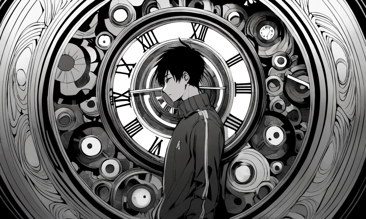 black and white drawing, giant clockwork background, human, 26 year old male, black neat hair, a lonely face, wearing gray tracksuit, put both hands on the clock hands.