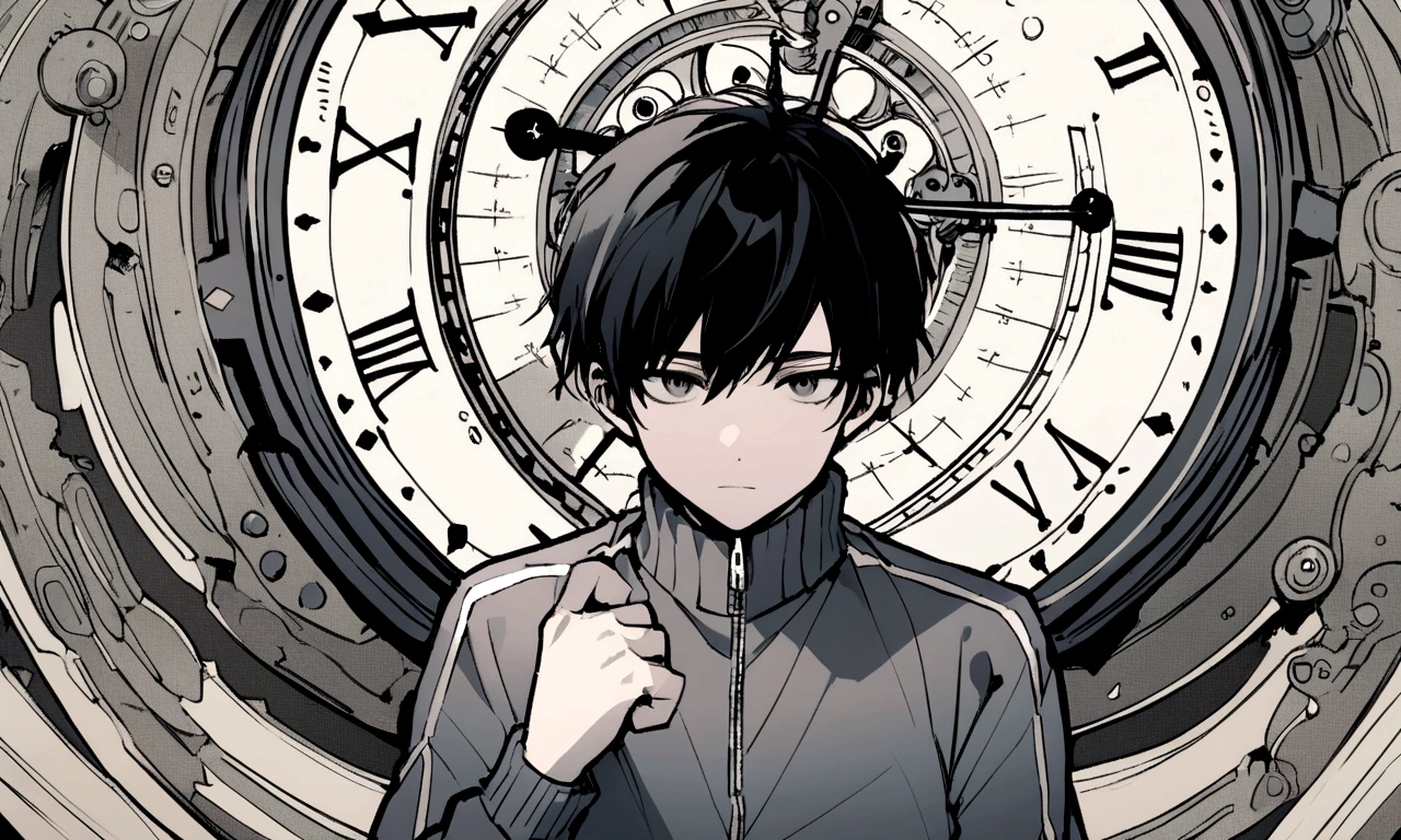 black and white drawing, giant clockwork background, human, 26 year old male, black neat hair, a lonely face, wearing gray tracksuit, put both hands on the clock hands.