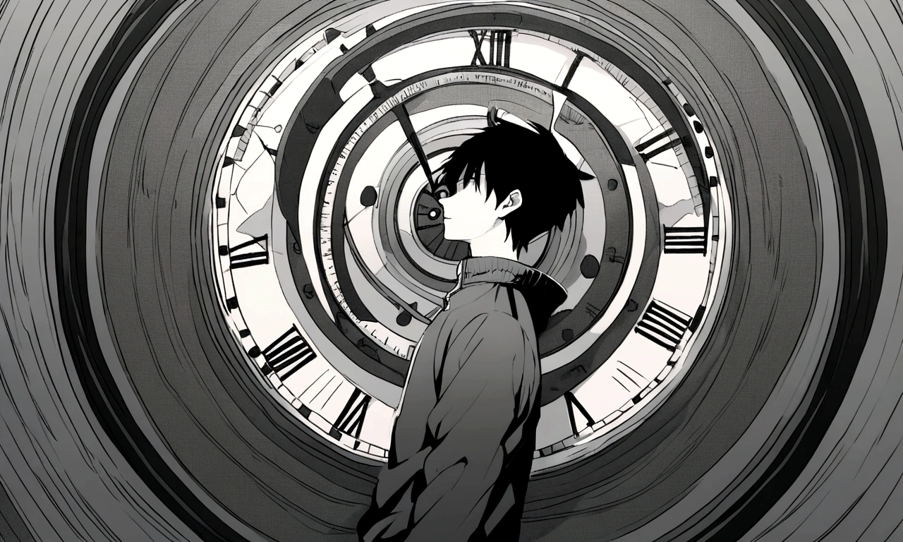 black and white drawing, giant clockwork background, human, 26 year old male, black neat hair, a face, wearing gray tracksuit, put both hands on the clock hands.