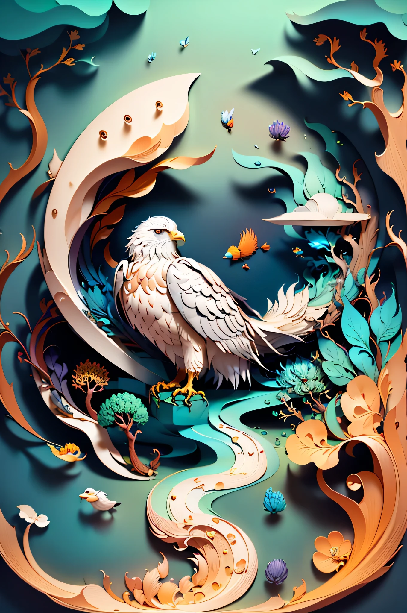 (((work of art))), eagle resting on a rock, surrounded by water from a stream, best qualityer,illustration,beautiful detailed shine, paper_cut-in, owlship, Tree,moonligh,