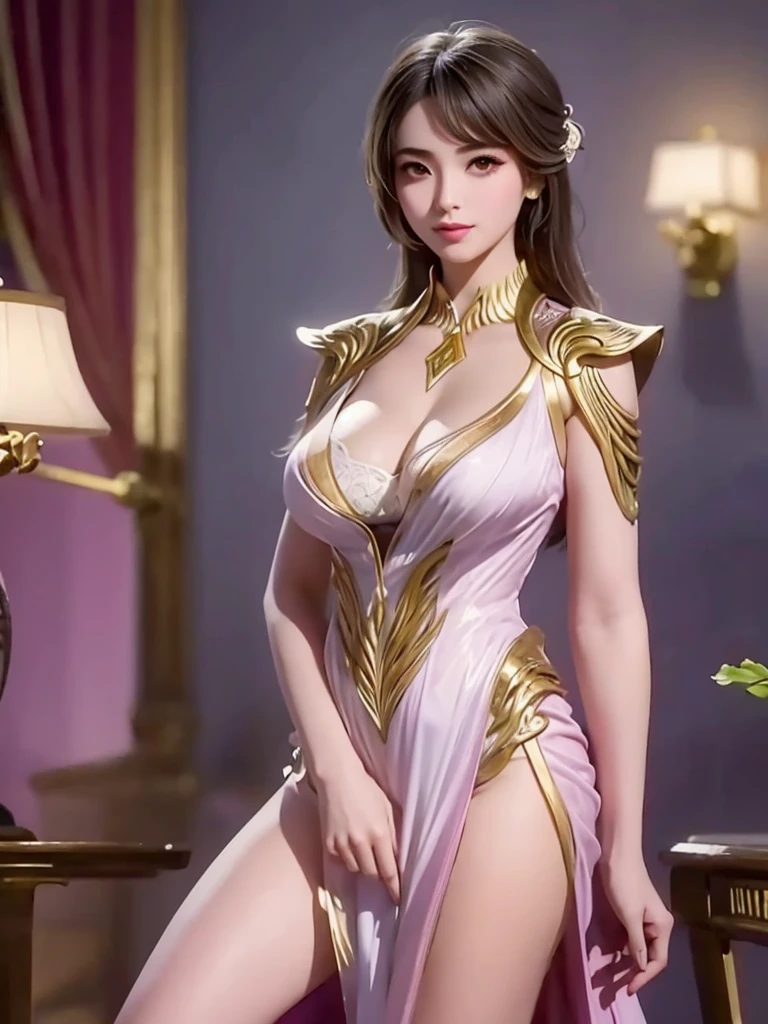 The art depicts a charming woman dressed in a flowing, silky traditional oriental dress, pink, decorated with intricate patterns and bright colors. Her dress drapes elegantly over her curvy figure, accentuating her seductive silhouette. She stood gracefully in the quiet moonlit night, bathed in the soft glow of the moonlight. The scene exudes an ethereal and dreamy atmosphere, with a touch of mystery and sexiness. The graphic style blends watercolor and digital illustration techniques to evoke a refined beauty and charm. The lights are filled with soft moonlight, casting soft highlights and shadows on her charming features. Bare thighs, big breasts