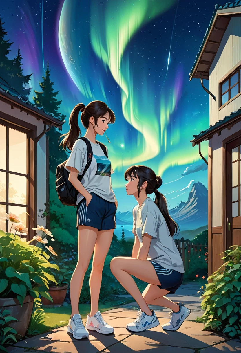 A captivating and futuristic anime illustration titled "URANUS 2324" Two women in love, one with beautiful Asian features named Lin (Sarocha Chankimha) with long dark hair tied in a ponytail, dressed in a loose dark blue shirt and a white t-shirt underneath, pants shorts and sports shoes, who is sitting on a motorcycle and is taking a photo with her camera of the other, Kath (Rebeca Armstrong), a young British woman with semi-long straight and loose brown hair, dressed in a light gray t-shirt, a sports jacket dark blue, gray shorts and sneakers, he carries a black backpack on his left shoulder. She is standing at the door with a beautiful garden in the background. An aurora borealis features prominently in the background. The women look at each other with love, enjoying the moment of encounter. The illustration is designed like a movie poster, with intricate details and dynamic typography, poster, photography, cinematic, typography, illustration
