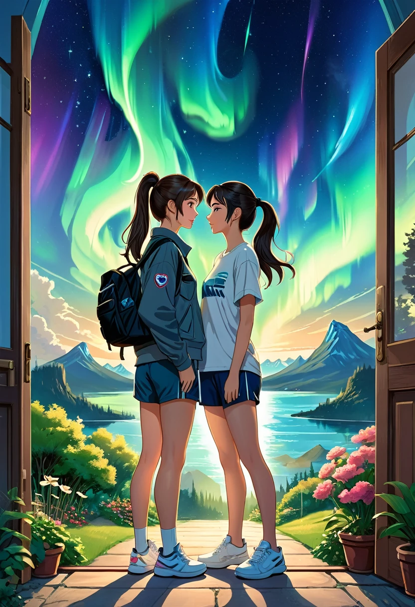 A captivating and futuristic anime illustration titled "URANUS 2324" Two women in love, one with beautiful Asian features named Lin (Sarocha Chankimha) with long dark hair tied in a ponytail, dressed in a loose dark blue shirt and a white t-shirt underneath, pants shorts and sports shoes, who is sitting on a motorcycle and is taking a photo with her camera of the other, Kath (Rebeca Armstrong), a young British woman with semi-long straight and loose brown hair, dressed in a light gray t-shirt, a sports jacket dark blue, gray shorts and sneakers, he carries a black backpack on his left shoulder. She is standing at the door with a beautiful garden in the background. An aurora borealis features prominently in the background. The women look at each other with love, enjoying the moment of encounter. The illustration is designed like a movie poster, with intricate details and dynamic typography, poster, photography, cinematic, typography, illustration