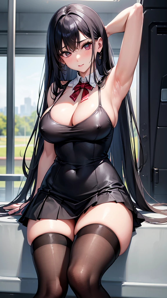 The best super busty、Black Hair、Cleavage、Miniskirt、Thighs、high resolution、Ultra HD、Knee socks、Absolute area、train、seat、Armpit、Close-up、Voyeur style、両Armpit上げ、No sleeve、Sexy、Long Hair、high school girl、、uniform