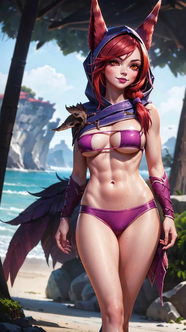 ((best quality)), ((​masterpiece)), ((1girl)), ((xayah Hoodie)), ((xayah)), ((League of Legends)), ((wet body)), (big boobs:0.4), ((standing), (Orange Eyes), ((purple bikini)),  ((upper  body)), Unreal Engine, realisti, pretty, sexly, young girl, ((red hair)), professional make-up, Cool, sunny day, Tyndall effect, Guter Ray, (beach),(water in the background), drausen, bright, subtle smile, ((Breast structure 0.7)(Tight abdominal muscles 1.5))