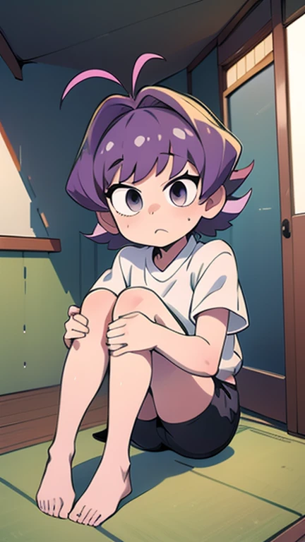 1 girl,Najimi,Najimi_KCC,How to say Najimi in Japanese \(komi-san is a shy person\),short purple hair, (black sports clothing), antenna hair ,Thighs, whole body, five fingers on hands, 2 legs, hugging the viewer, outside an abandoned house, Concerned, fear, black shorts,1.1 perfect anatomy,