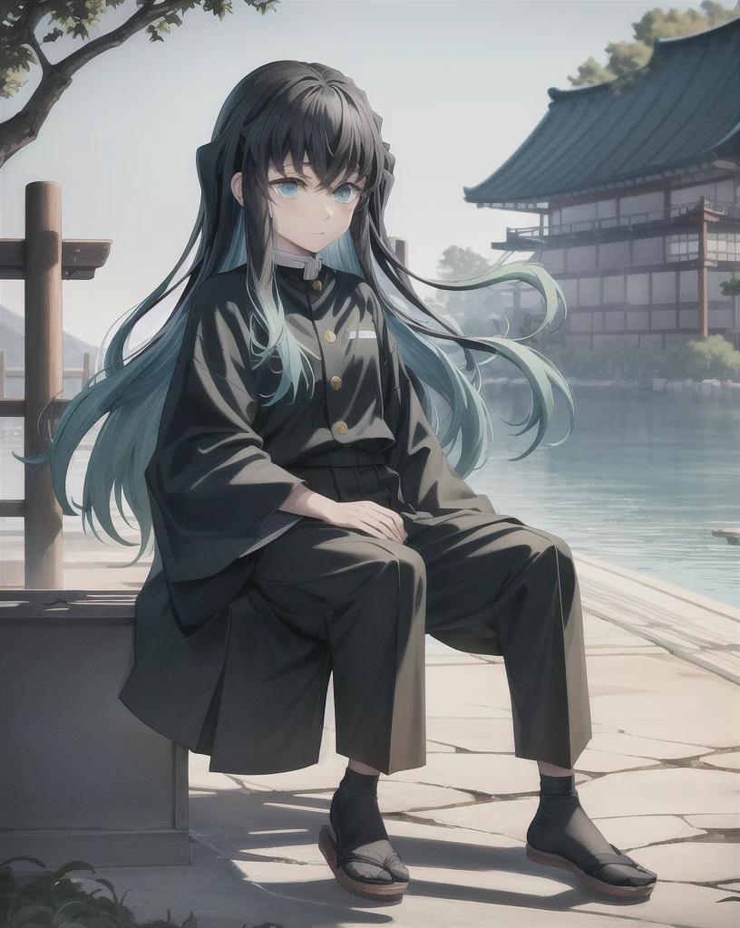 masterpiece, best quality, 1boy, muichiro,long hair, black hair, aqua hair, bangs,  multicolored hair, sidelocks, long sleeves, aqua eyes, demon slayer uniform, pants, sitting, dark, moon, night, profil, view from far, old japanse architecture, ultra high quality, high end pixels, no blur, super clear image, hd quality