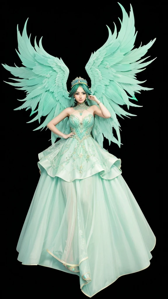 A beautiful girl in full body, wearing an elegant teal dress, with large bluish-green wings, with straight dark green hair and a crown on her head.