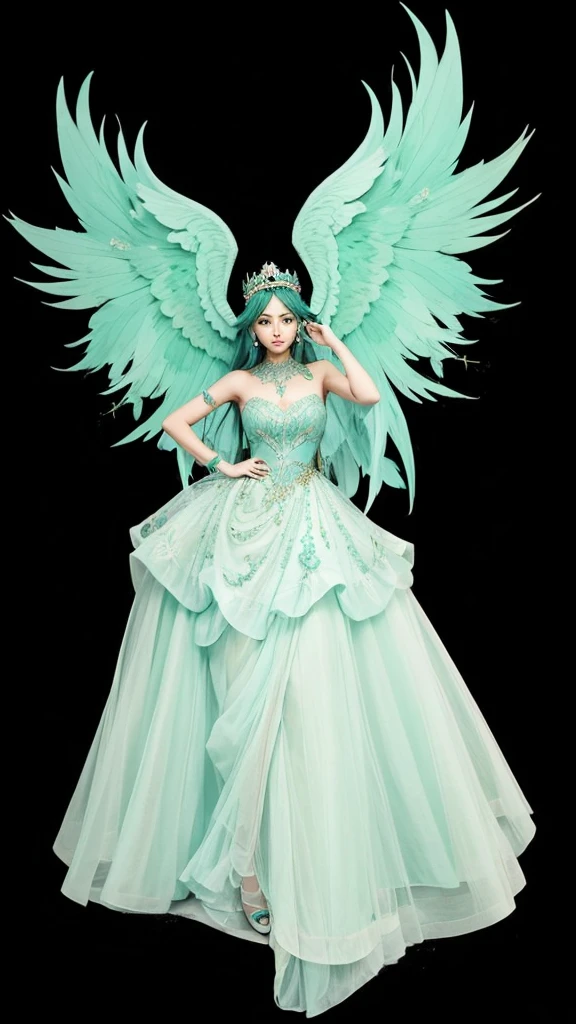 A beautiful girl in full body, wearing an elegant teal dress, with large bluish-green wings, with straight dark green hair and a crown on her head.