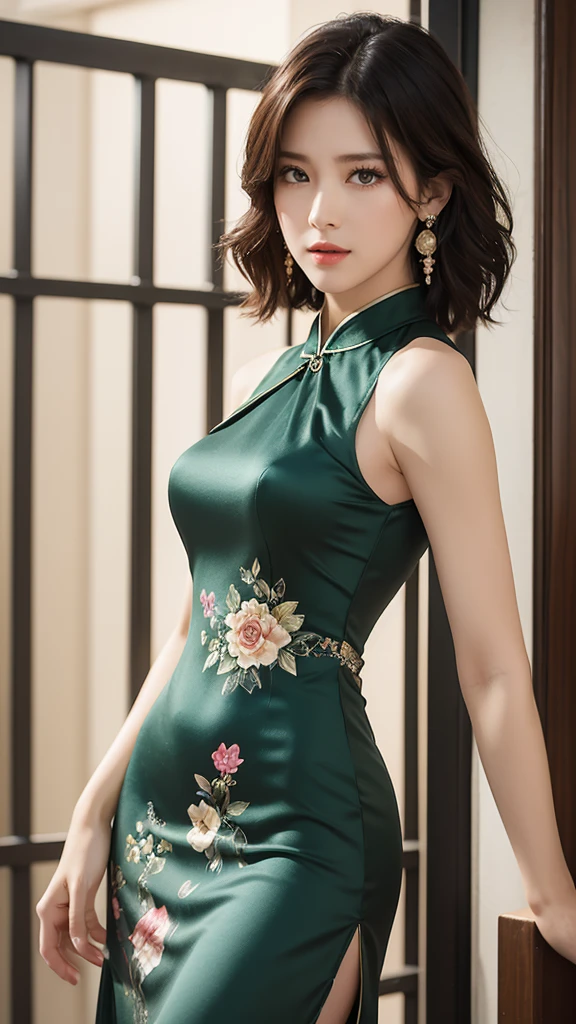 (masterpiece:1.2, Highest quality), (Realistic, photoRealistic:1.4), Beautiful illustrations, (Natural Side Lighting, Cinema Lighting), Written boundary depth, Beautiful thighs staring at the viewer, (Face Focus, Upper Body), 1 female，20-year-old，alone，（With background：Hotel Rooms） , Long Hair, Curly Hair, amount, Very large , Sleeveless green floral cheongsam, Earrings, Are standing, ((close)) , ((close))
