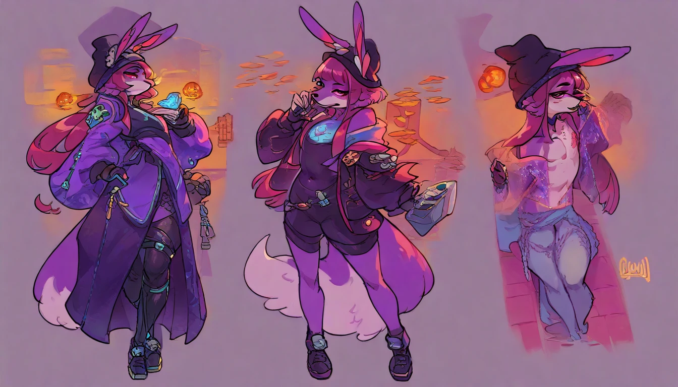 Character ,1  women, furry, Antro, fox, antropomorfic , pink eyes, blep, coffeesoda art style, e621, Fantazy adventurer, purple fox femboy, black boddy, purple hair, long hair, purple fur, bunny ears,purple clothing , ( ( character concept art ) ), official character art,arknights, sage ( valorant ), gestyle, character artwork full body