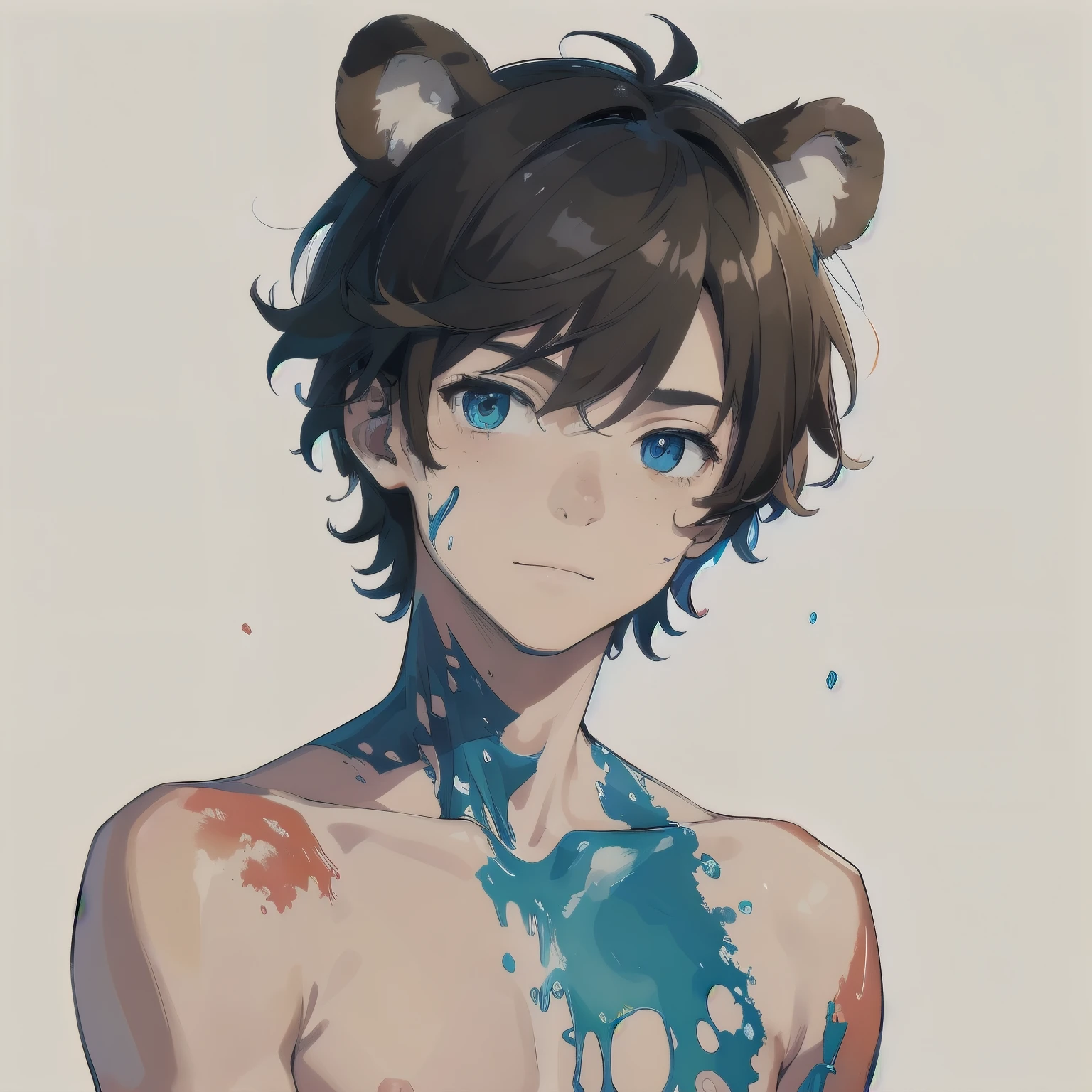 (masterpiece), 1boy, solo, solo male, best quality, expressive eyes, perfect face, sketch style, , best quality, kemonomimi, bear ears, animal ears, brown hair, short hair, messy_hair, blue eyes BREAK freckles, (, young man), standing, sketch style, (paint splatter, splatter), body Paint, dripping, colorful, watercolor, simple background, topless male, nude, smirk, closed mouth