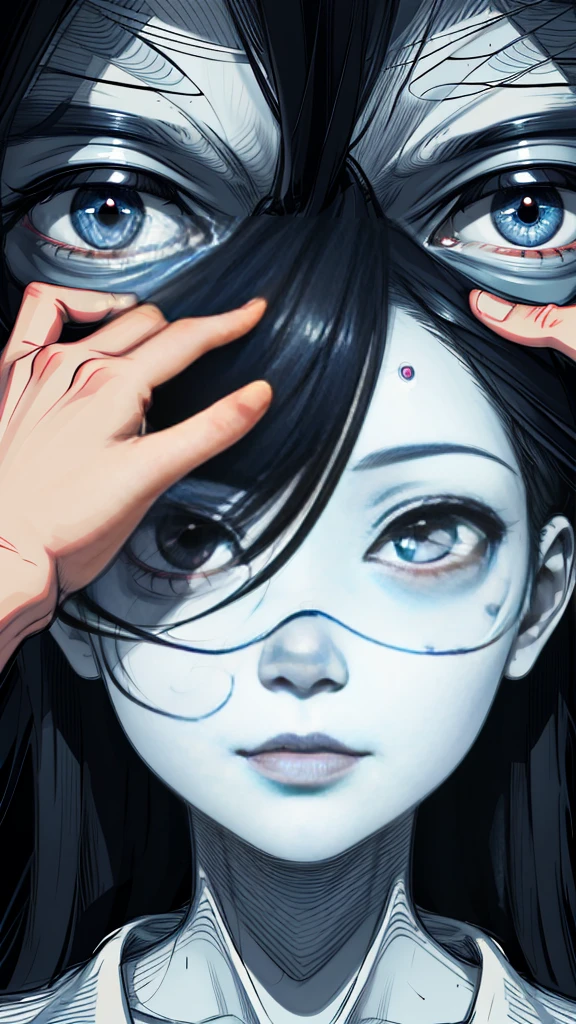 a drawing of a hand touching a drawing of a face, with multiple eyes, symmetrical portrait science fiction, be transparent holographic, multiple eyes, sketch of a lucid dream, Symmetrical illustration of faces, symmetrical face concept art, multiple perspectives, surreal drawing, multiple faces, by Junji Ito, cyber faces, many eyes in the head