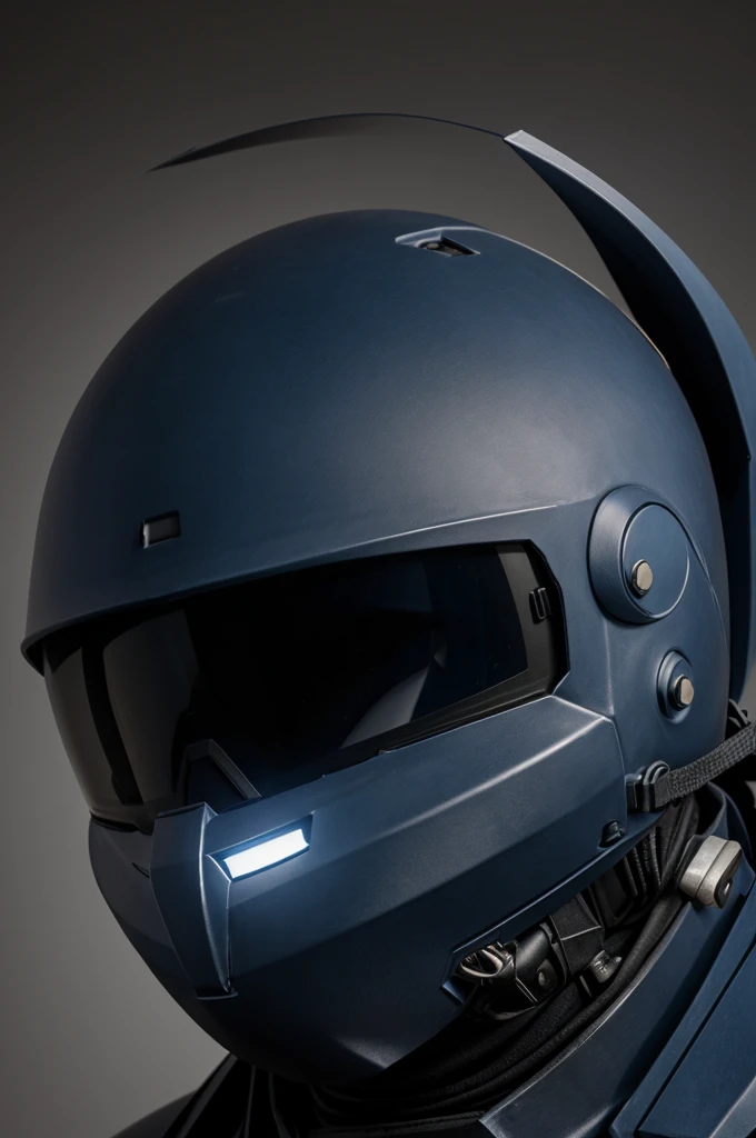 a hero in large, wide, clunky, heavy dark blue advanced mech suit of armor with a helmet covering his whole face and head with a tinted visor hiding his eyes