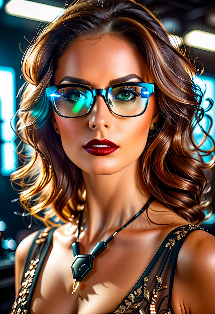 a facial portrait of a ((spy using glasses to take pictures)) working on a secret computer laboratory, an elegant, exquisite beautiful female spy, dynamic hair color, dynamic hair style, (wearing elegant intricate details glasses: 1.3), dynamic color glasses, dynamic style glasses, ((digital letter and numbers are mirrored on the glasses:1.6)), she wears an elegant, intricate detailed dress, silk dress , small cleavage, Vibrant, Ultra-high resolution, High Contrast, masterpiece:1.2, highest quality, Best aesthetics), best details, best quality, highres, ultra wide angle, 16k, [ultra detailed], masterpiece, best quality, (extremely detailed), Genetically modified..., Cinematic Hollywood Film, lens flare style