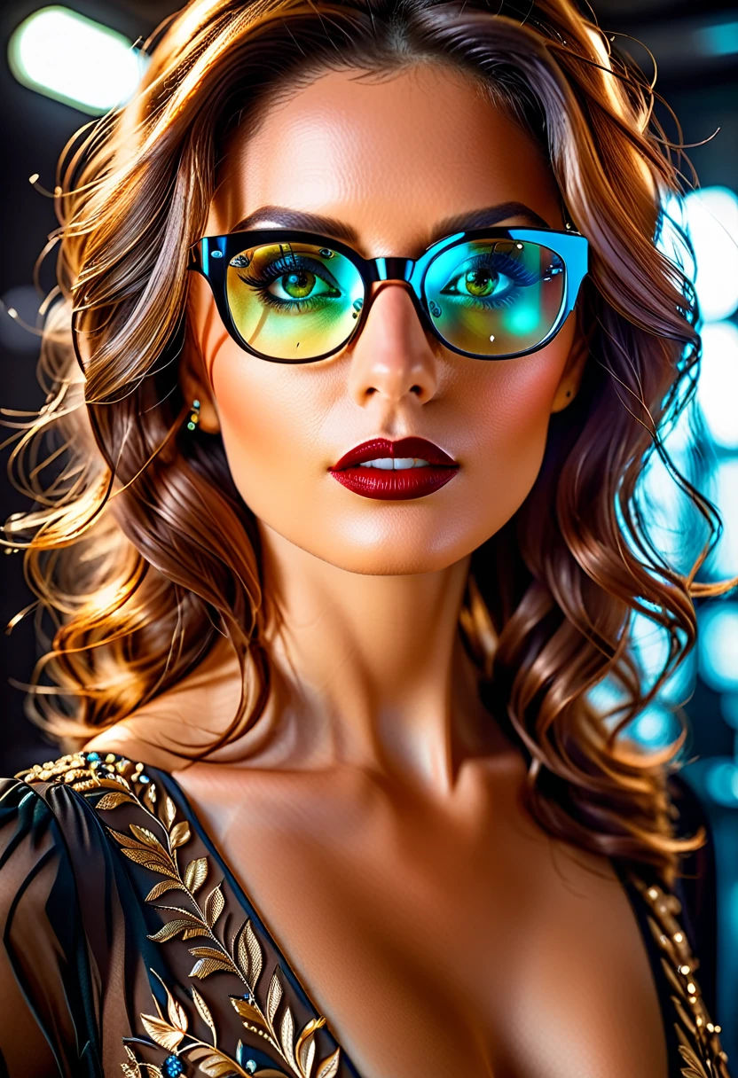 a facial portrait of a ((spy using glasses to take pictures)) working on a secret computer laboratory, an elegant, exquisite beautiful female spy, dynamic hair color, dynamic hair style, (wearing elegant intricate details glasses: 1.3), dynamic color glasses, dynamic style glasses, ((digital letter and numbers are mirrored on the glasses:1.6)), she wears an elegant, intricate detailed dress, silk dress , small cleavage, Vibrant, Ultra-high resolution, High Contrast, masterpiece:1.2, highest quality, Best aesthetics), best details, best quality, highres, ultra wide angle, 16k, [ultra detailed], masterpiece, best quality, (extremely detailed), Genetically modified..., Cinematic Hollywood Film, lens flare style