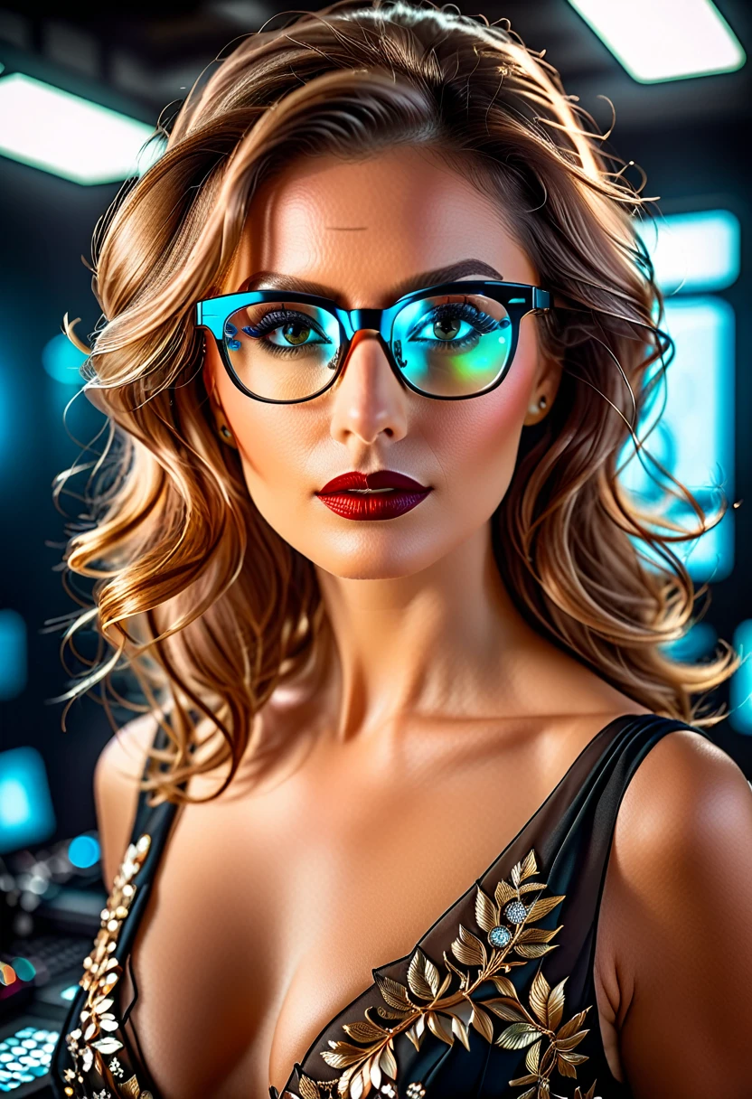 a facial portrait of a ((spy using glasses to take pictures)) working on a secret computer laboratory, an elegant, exquisite beautiful female spy, dynamic hair color, dynamic hair style, (wearing elegant intricate details glasses: 1.3), dynamic color glasses, dynamic style glasses, ((digital letter and numbers are mirrored on the glasses:1.6)), she wears an elegant, intricate detailed dress, silk dress , small cleavage, Vibrant, Ultra-high resolution, High Contrast, masterpiece:1.2, highest quality, Best aesthetics), best details, best quality, highres, ultra wide angle, 16k, [ultra detailed], masterpiece, best quality, (extremely detailed), Genetically modified..., Cinematic Hollywood Film, lens flare style