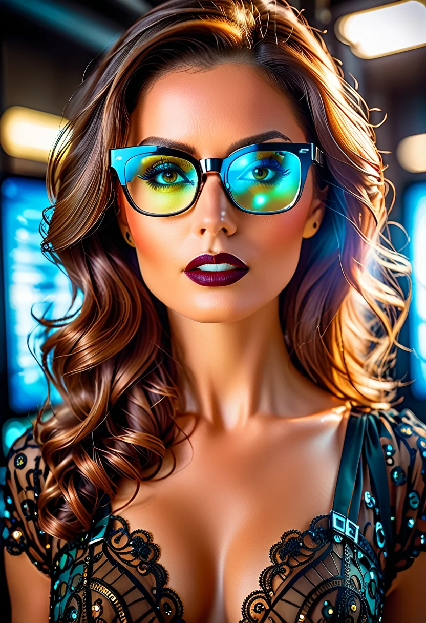 a facial portrait of a ((spy using glasses to take pictures)) working on a secret computer laboratory, an elegant, exquisite beautiful female spy, dynamic hair color, dynamic hair style, (wearing elegant intricate details glasses: 1.3), dynamic color glasses, dynamic style glasses, ((digital letter and numbers are mirrored on the glasses:1.6)), she wears an elegant, intricate detailed dress, silk dress , small cleavage, Vibrant, Ultra-high resolution, High Contrast, masterpiece:1.2, highest quality, Best aesthetics), best details, best quality, highres, ultra wide angle, 16k, [ultra detailed], masterpiece, best quality, (extremely detailed), Genetically modified..., Cinematic Hollywood Film, lens flare style