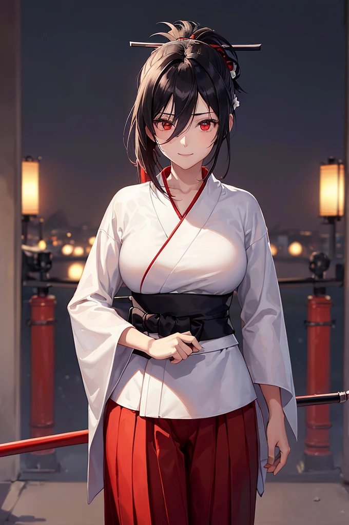 (masterpiece; best quality: 1.2), (finely detailed eyes: 1.3), ((25 year old woman)), ((solo)), (red eyes: 1.4), (body; lithe, slender, femenine: 1.3), (black hair in ponytail: 1.3), (beautiful and clear background: 1.2), ((depth of field)), (clothes: ronin attire + white kosode + black hakama + red sash: 1.3), (anime illustration: 1.2), (background composition; kendo dojo + night time: 1.1), (extremely fine and beautiful: 1.1), (shot composition; standing + centered on torso + close-up: 1.5), (expression; calm, smile: 1.2)