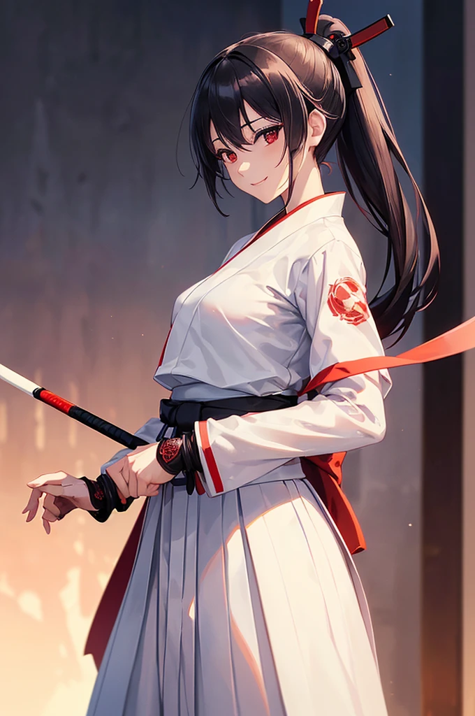 (masterpiece; best quality: 1.2), (finely detailed eyes: 1.3), ((25 year old woman)), ((solo)), (red eyes: 1.4), (body; lithe, slender, femenine: 1.3), (black hair in ponytail: 1.3), (beautiful and clear background: 1.2), ((depth of field)), (clothes: ronin attire + white kosode + black hakama + red sash: 1.3), (anime illustration: 1.2), (background composition; kendo dojo + night time: 1.1), (extremely fine and beautiful: 1.1), (shot composition; standing + centered on torso + close-up: 1.5), (expression; calm, smile: 1.2)