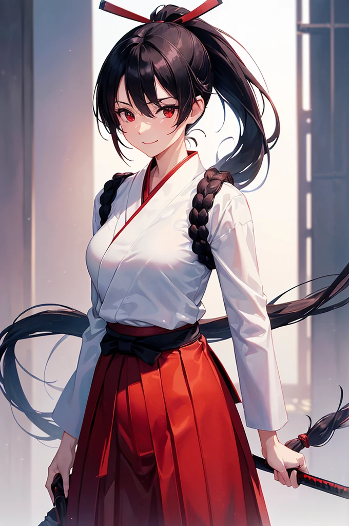 (masterpiece; best quality: 1.2), (finely detailed eyes: 1.3), ((25 year old woman)), ((solo)), (red eyes: 1.4), (body; lithe, slender, femenine: 1.3), (black hair in ponytail: 1.3), (beautiful and clear background: 1.2), ((depth of field)), (clothes: ronin attire + white kosode + black hakama + red sash: 1.3), (anime illustration: 1.2), (background composition; kendo dojo + night time: 1.1), (extremely fine and beautiful: 1.1), (shot composition; standing + centered on torso + close-up: 1.5), (expression; calm, smile: 1.2)