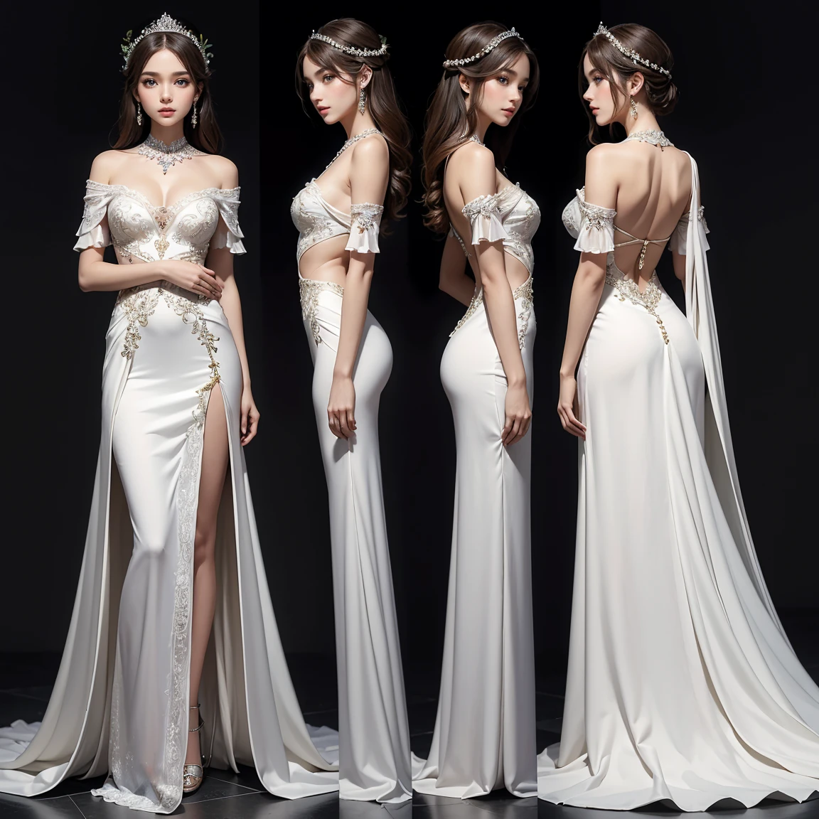 (masterpiece, highest quality), ultra detailed, high resolution, 16k, the most beautiful face in the world, highly detailed beautiful face and eyes, shiny skin, fine cloth texture, perfect anatomy, BREAK, (the incarnation of beauty:1.3), (goddess of beauty:1.3), (gorgeous and stunning princess:1.3), perfect make-up, deeply in love, full of elegance. (full body:1.5), (three view drawing, front and back and side, character sheet:1.3)