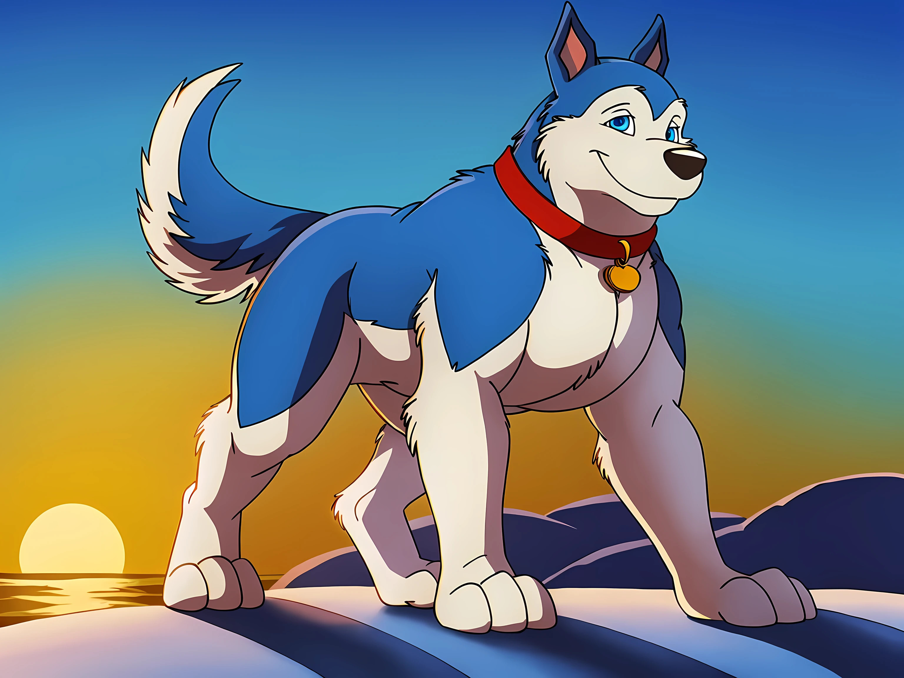 Exile (Road Rovers), blue fur, white fur, feral body, feral:1.4, pointy ears, dog, solo, full body:1.2, muscular, muscular forelegs, muscular hindlegs, red dog collar, pet tag coin, high quality, best resolution, cel shaded, (blue eyes, detailed eyes):1.1, winter background, clear sky, sunset, by wfa, by rossciaco, by seibear, by fabfelipe, smile, happy, paws