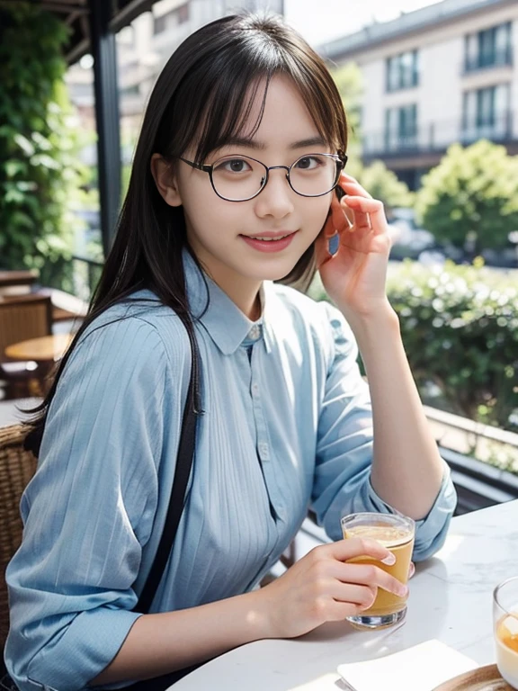 (Best-quality, Masterpiece, Ultra-High-Resolution, (Photorealistic:1.4), Raw Photo, depth of field, professional lighting, perfect anatomy, extremely details), 1girl, 15-years-old, the most famous Japanese idol, On outdoor terrace of Starbucks Coffee, reading book, (wearing big-round glasses), (extremely cute face, (extremely cute eyes), extremely cute hair, extremely beautiful skins), extremely cute long-eyelashes, extremely cute lips