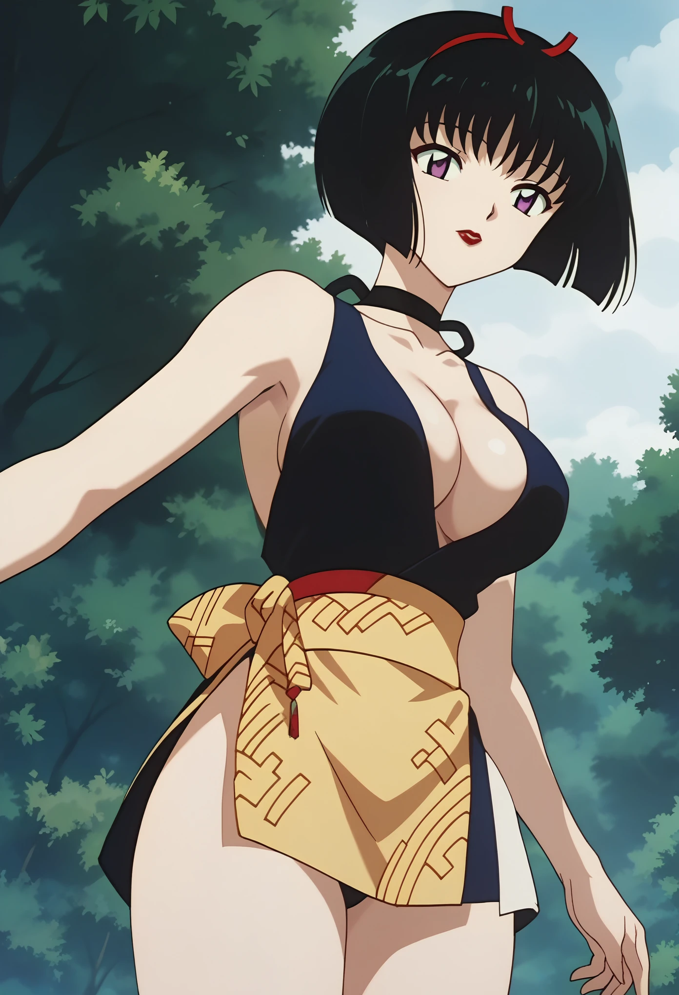 score_9, score_8_up, score_7_up, source_anime, best quality, masterpiece, rating_explicit, uncensored, anime screencap, megami magazine, game cg, BREAK, SAKASAGAMINOYURA, 1GIRL, large breasts, cleavage, BLACK HAIR, HAIR BAND, BOB_CUT, PURPLE EYES, CHOKER, SLEEVELESS, SHORT KIMONO, red lip, outdoors