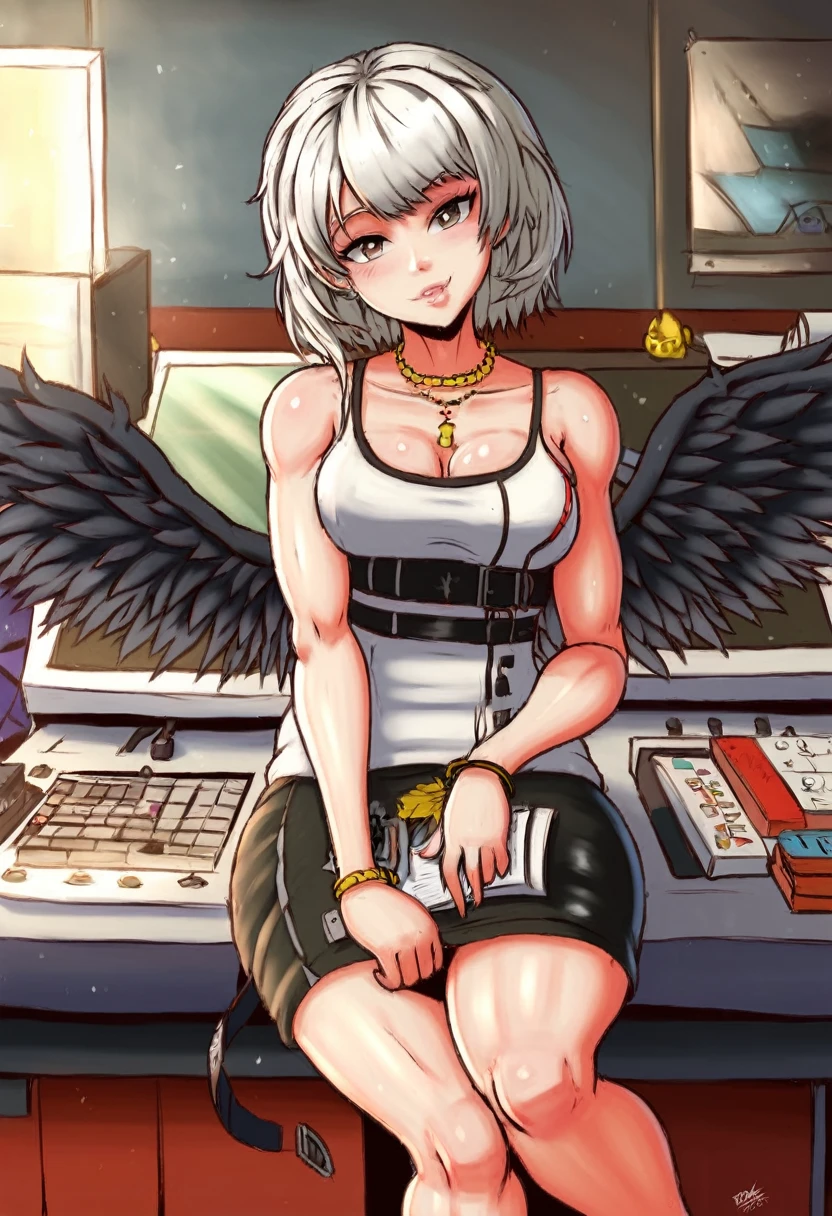 1girl, solo, anime, anime girl,((masterpiece)), HDR, 8k, photogenic, trending on artstation, ((ultra-detailed)), ((best quality)), ((intricate details)), white hair, black wings, from arknights, middle shot of a female anime hero, 