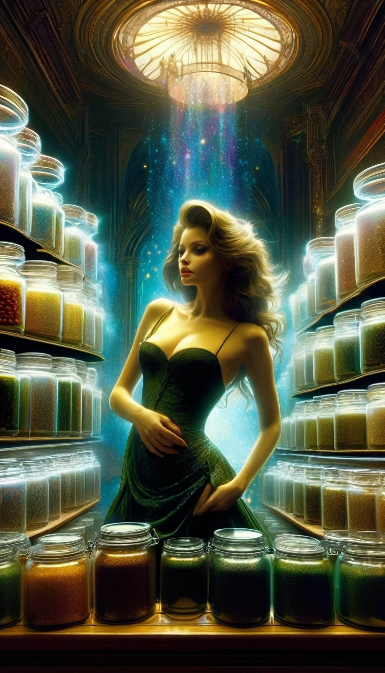 a sexy girl in a sexy dress tends the store at the counter, fantastic store, Fantasy world, dark, disturbing, strange, unnatural, (Rembrandt Lighting: 1.3) light particles, lens flares, store with several tentacles inside large jars, , a woman shopping, live tentacles for sale inside jars, side chest, forest cat on stage, close-up of the upper part of the body, artistic masterpieces that will go down in history, fantastic backgrounds, memorable scenes, fantastic angles (masterpiece : 1.2), (best quality: 1.2), intricate details, newest, AI generated (Bill Sienkiewicz inspired art, intricate details, oil painting)