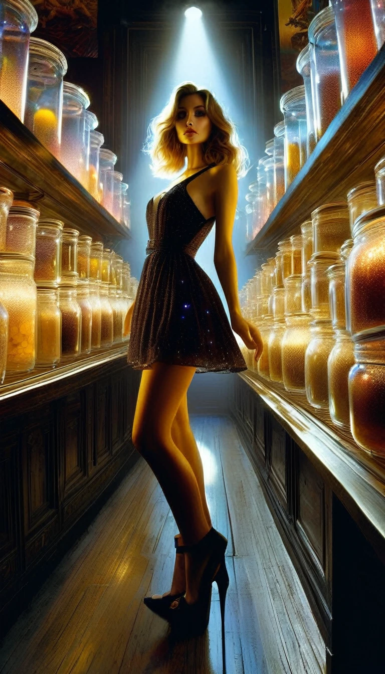a sexy girl in a sexy dress tends the store at the counter, fantastic store, Fantasy world, dark, disturbing, strange, unnatural, (Rembrandt Lighting: 1.3) light particles, lens flares, store with several tentacles inside large jars, , a woman shopping, live tentacles for sale inside jars, side chest, forest cat on stage, close-up of the upper part of the body, artistic masterpieces that will go down in history, fantastic backgrounds, memorable scenes, fantastic angles (masterpiece : 1.2), (best quality: 1.2), intricate details, newest, AI generated (Bill Sienkiewicz inspired art, intricate details, oil painting)