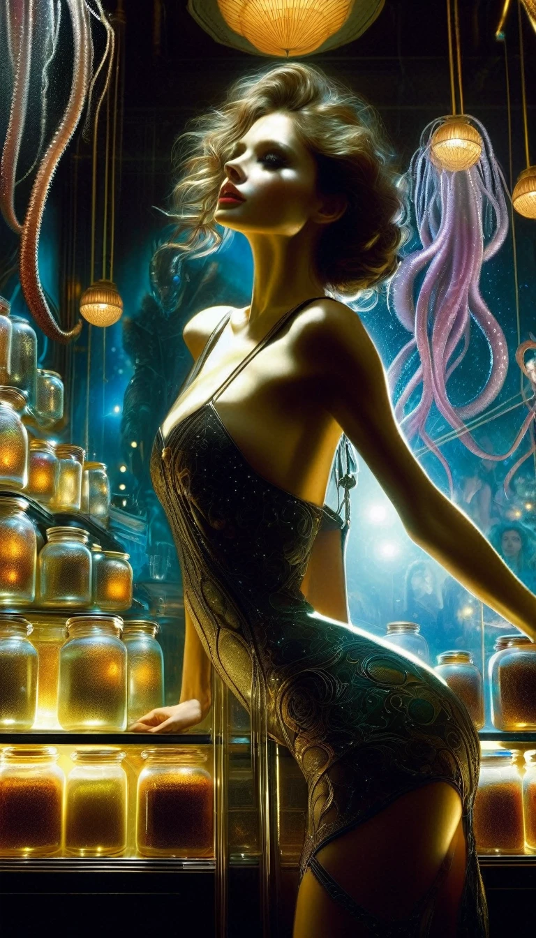 a sexy girl in a sexy dress tends the store at the counter, fantastic store, Fantasy world, dark, disturbing, strange, unnatural, (Rembrandt Lighting: 1.3) light particles, lens flares, store with several tentacles inside large jars, , a woman shopping, live tentacles for sale inside jars, side chest, forest cat on stage, close-up of the upper part of the body, artistic masterpieces that will go down in history, fantastic backgrounds, memorable scenes, fantastic angles (masterpiece : 1.2), (best quality: 1.2), intricate details, newest, AI generated (Bill Sienkiewicz inspired art, intricate details, oil painting)